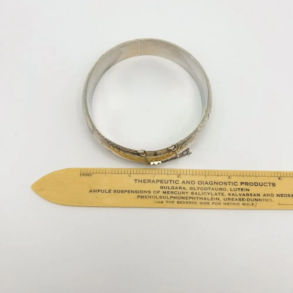 Sterling Silver 925 FAS Hinged Bangle Bracelet, Etched Design, Vintage